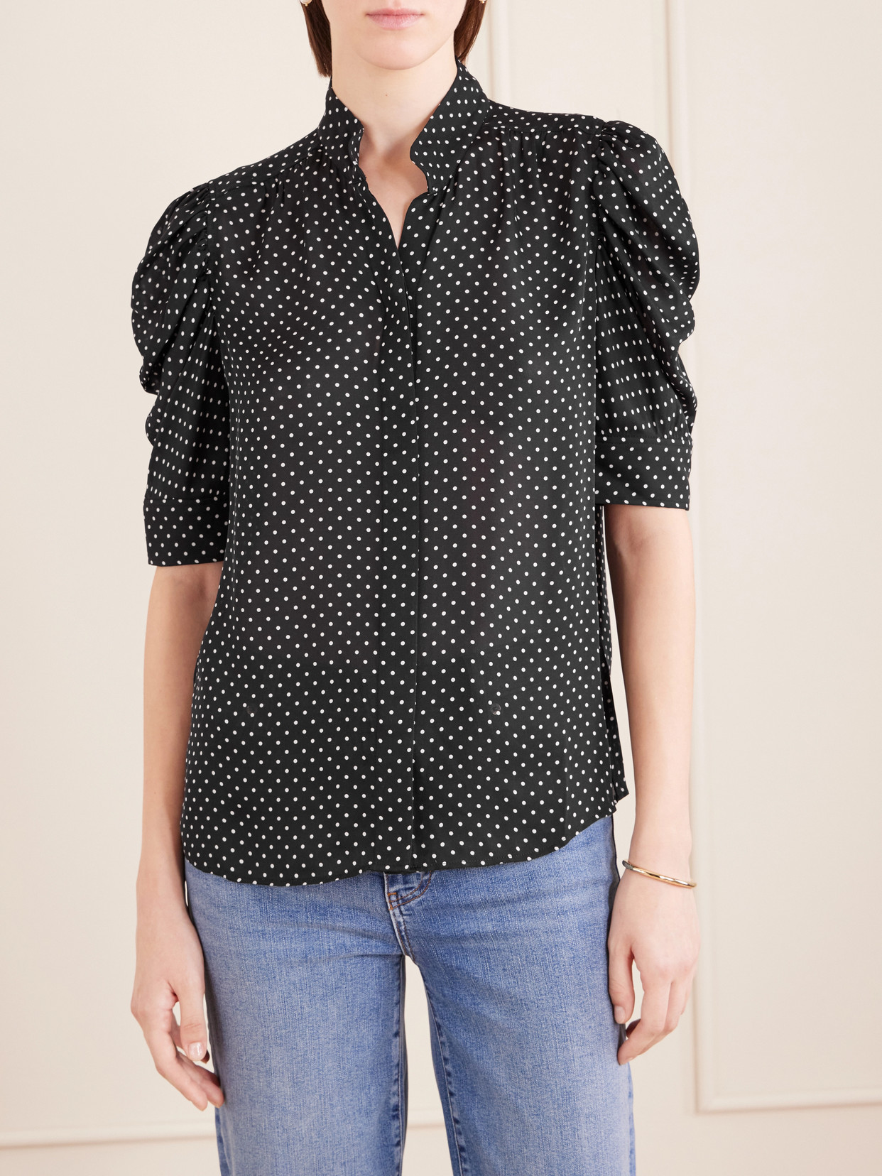 Frame The Gillian Ruched Polka-dot Silk-crepe Blouse In Blue