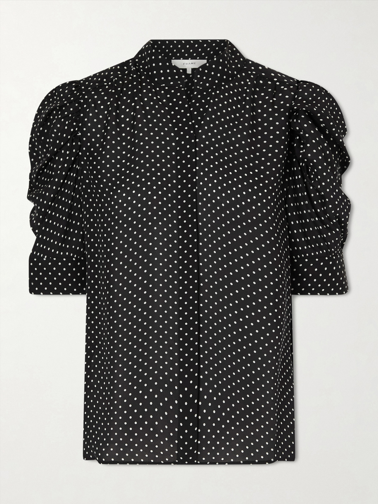 Frame The Gillian Ruched Polka-dot Silk-crepe Blouse In Blue