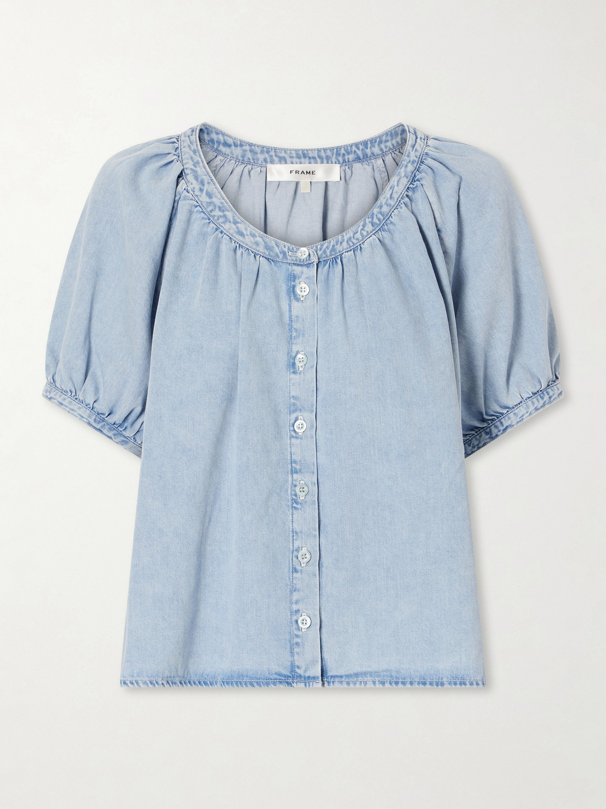 Frame The Resort Cotton And Lyocell-blend Chambray Blouse In Blue