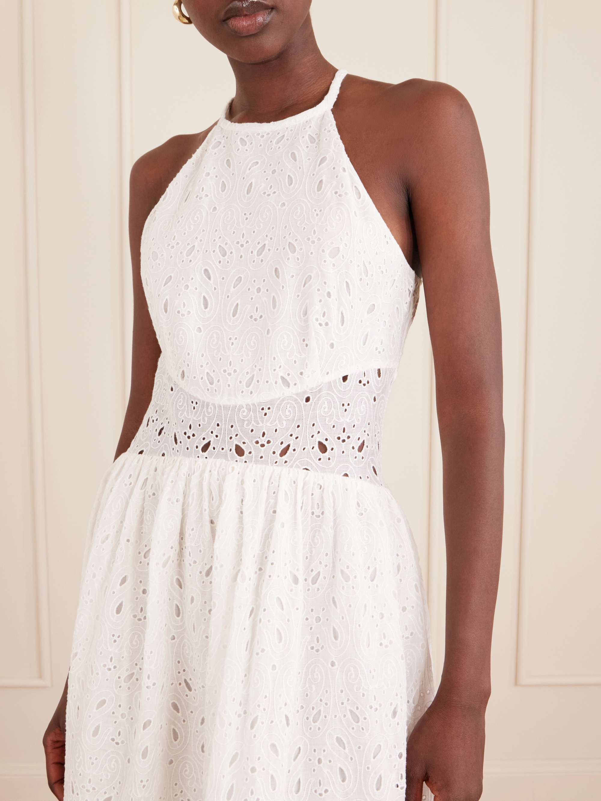 Scalloped broderie anglaise ramie halterneck midi dress - white - x small Scalloped broderie anglaise ramie halterneck midi dress - white - x small