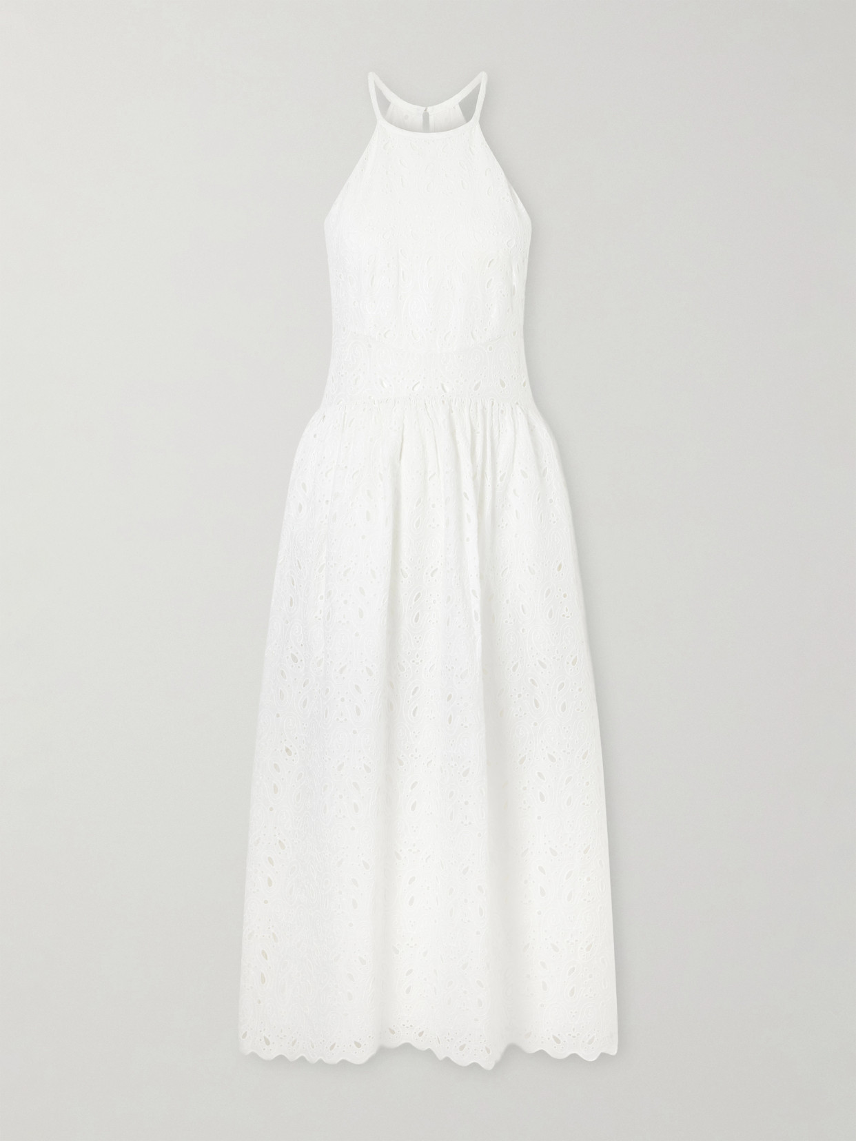 Frame Scalloped Broderie Anglaise Ramie Halterneck Midi Dress In White