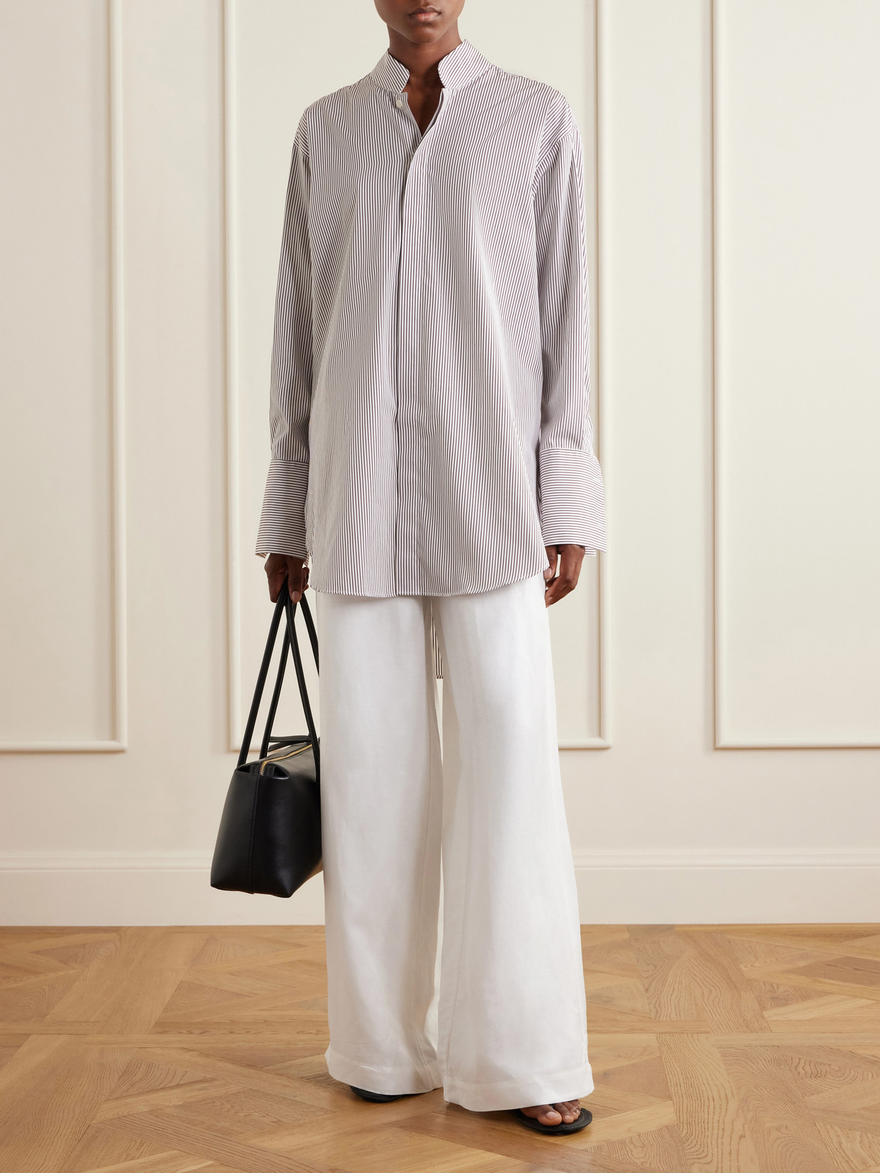 Mandarin-Collar Striped Cotton-Poplin Tunic