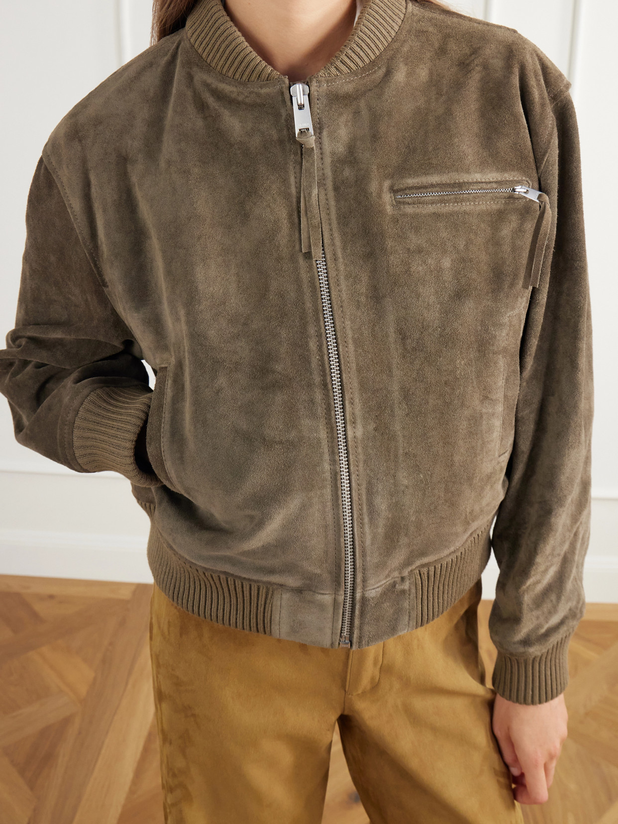 Elysia Rib-Trimmed Suede Bomber Jacket