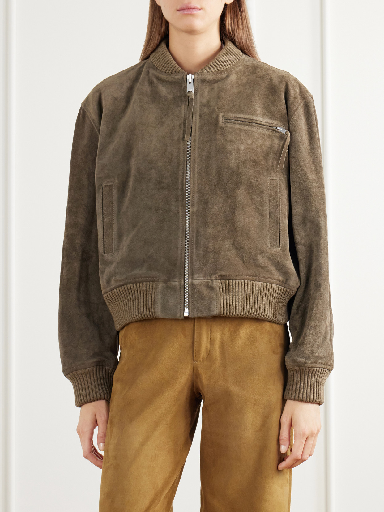 Elysia Rib-Trimmed Suede Bomber Jacket