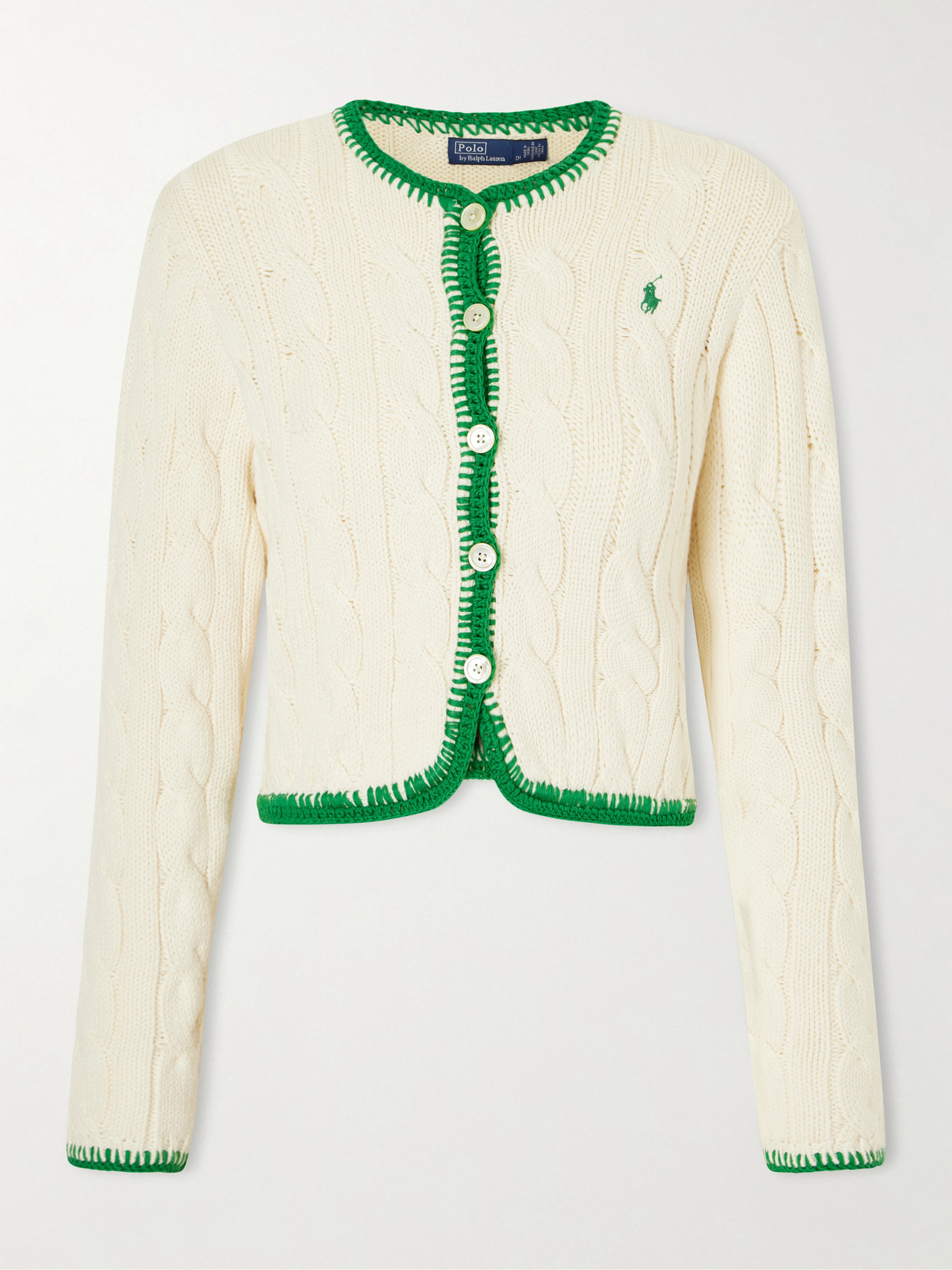 Polo Ralph Lauren Ebroidered Cable-knit Cotton-blend Cardigan In Neutral