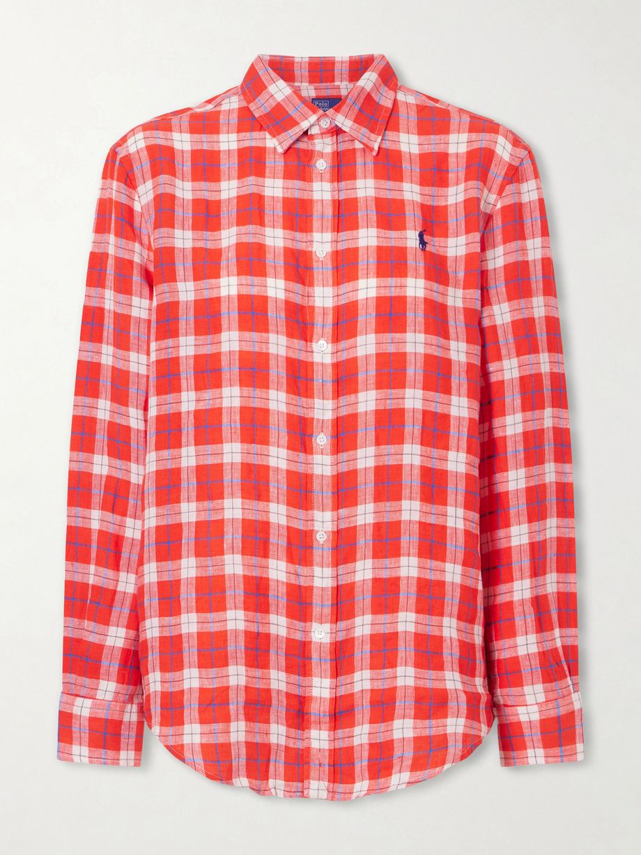 Logo-embroidered checked linen shirt