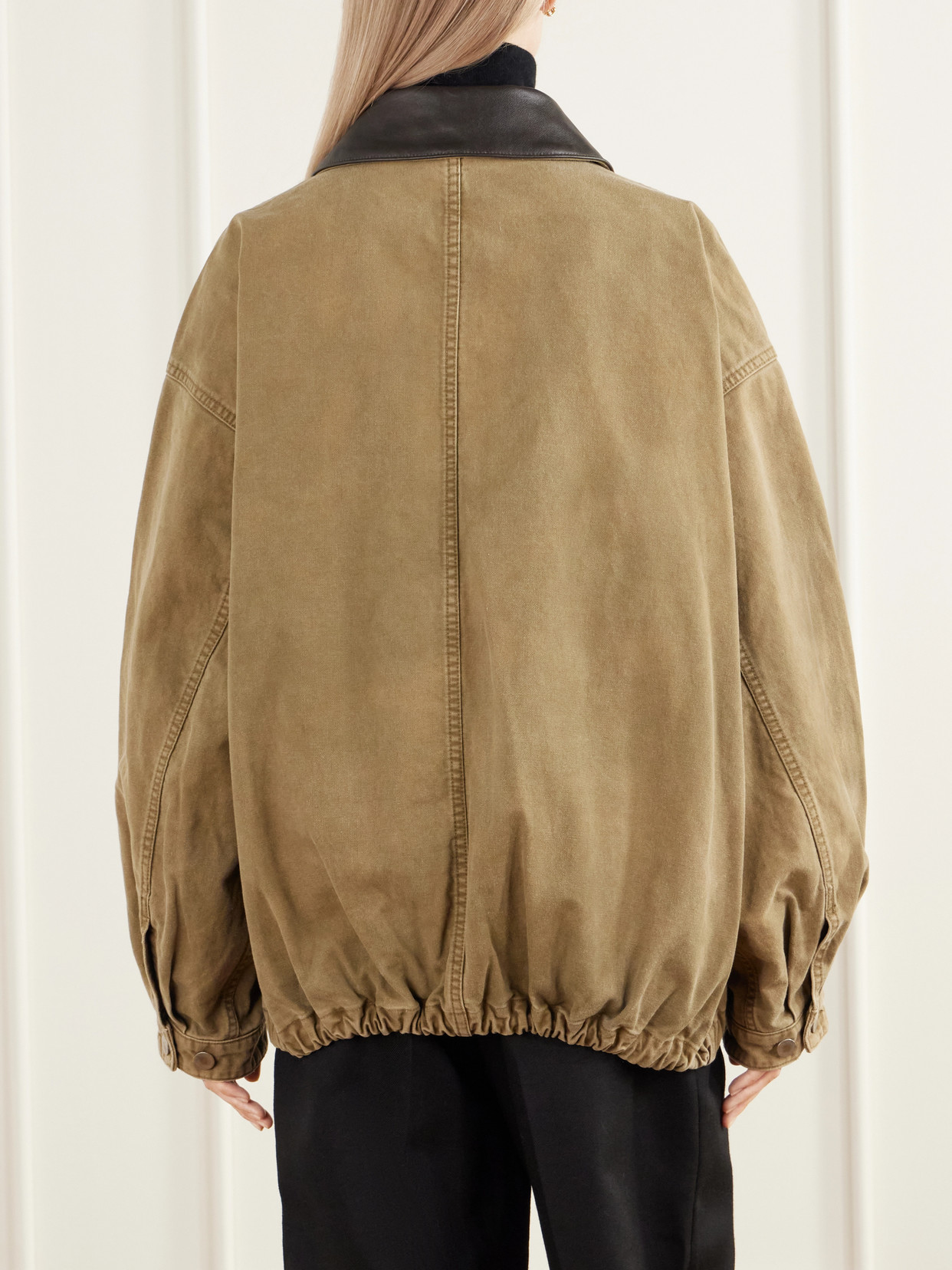 Gathered Washed Leather-Trimmed Cotton-Whipcord Jacket