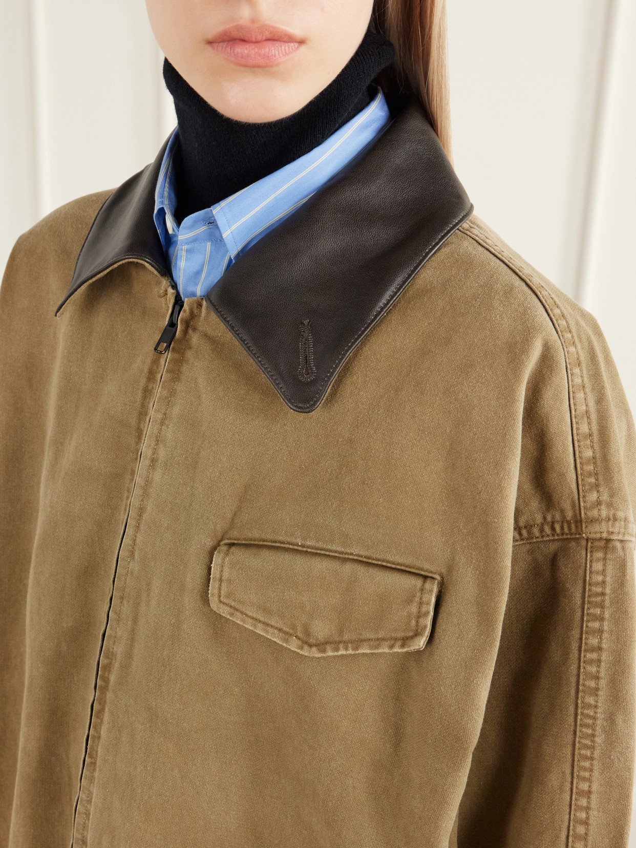 Gathered Washed Leather-Trimmed Cotton-Whipcord Jacket