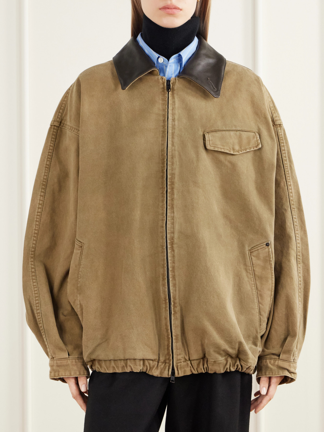 Gathered Washed Leather-Trimmed Cotton-Whipcord Jacket