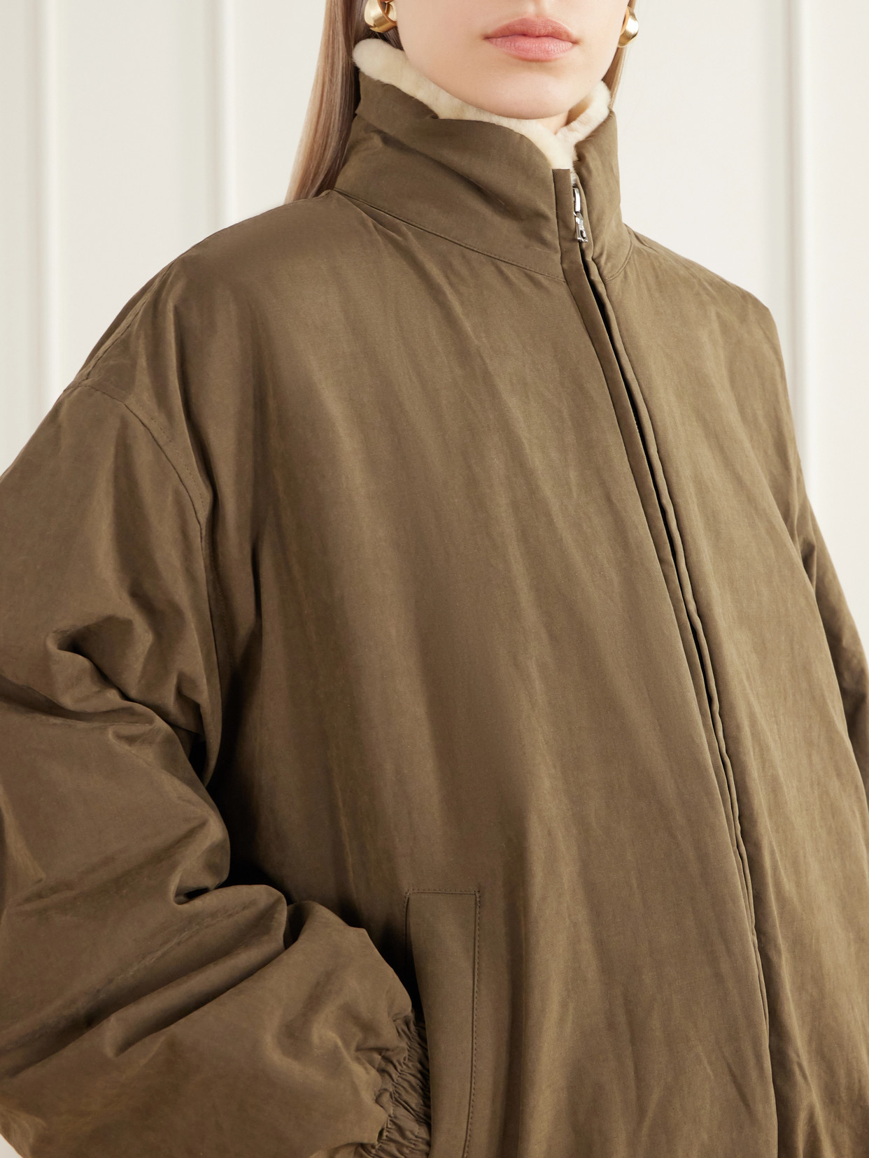 Reversible Padded Waxed-Shell And Shearling Jacket