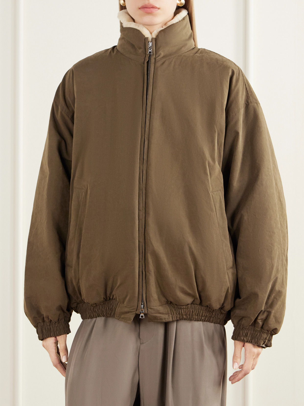 Reversible Padded Waxed-Shell And Shearling Jacket