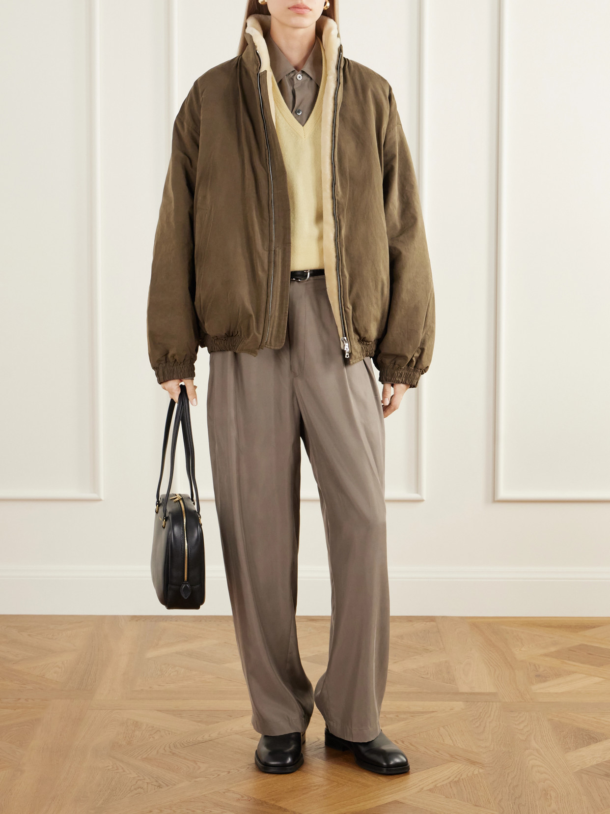Reversible Padded Waxed-Shell And Shearling Jacket