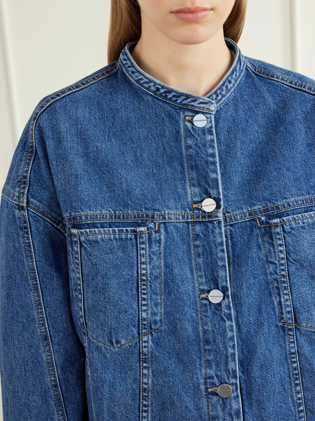 Twp Dawson Collarless Denim Jacket In Blue