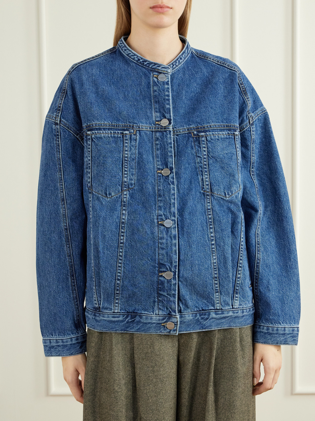 Twp Dawson Collarless Denim Jacket In Blue