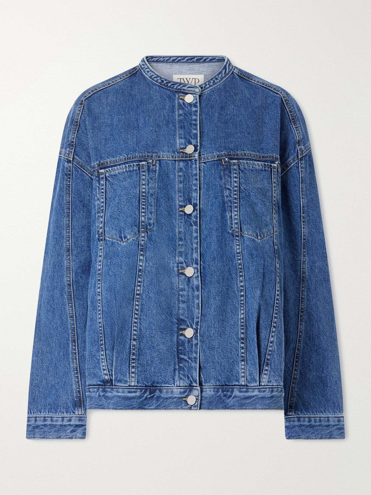 Twp Dawson Collarless Denim Jacket In Blue