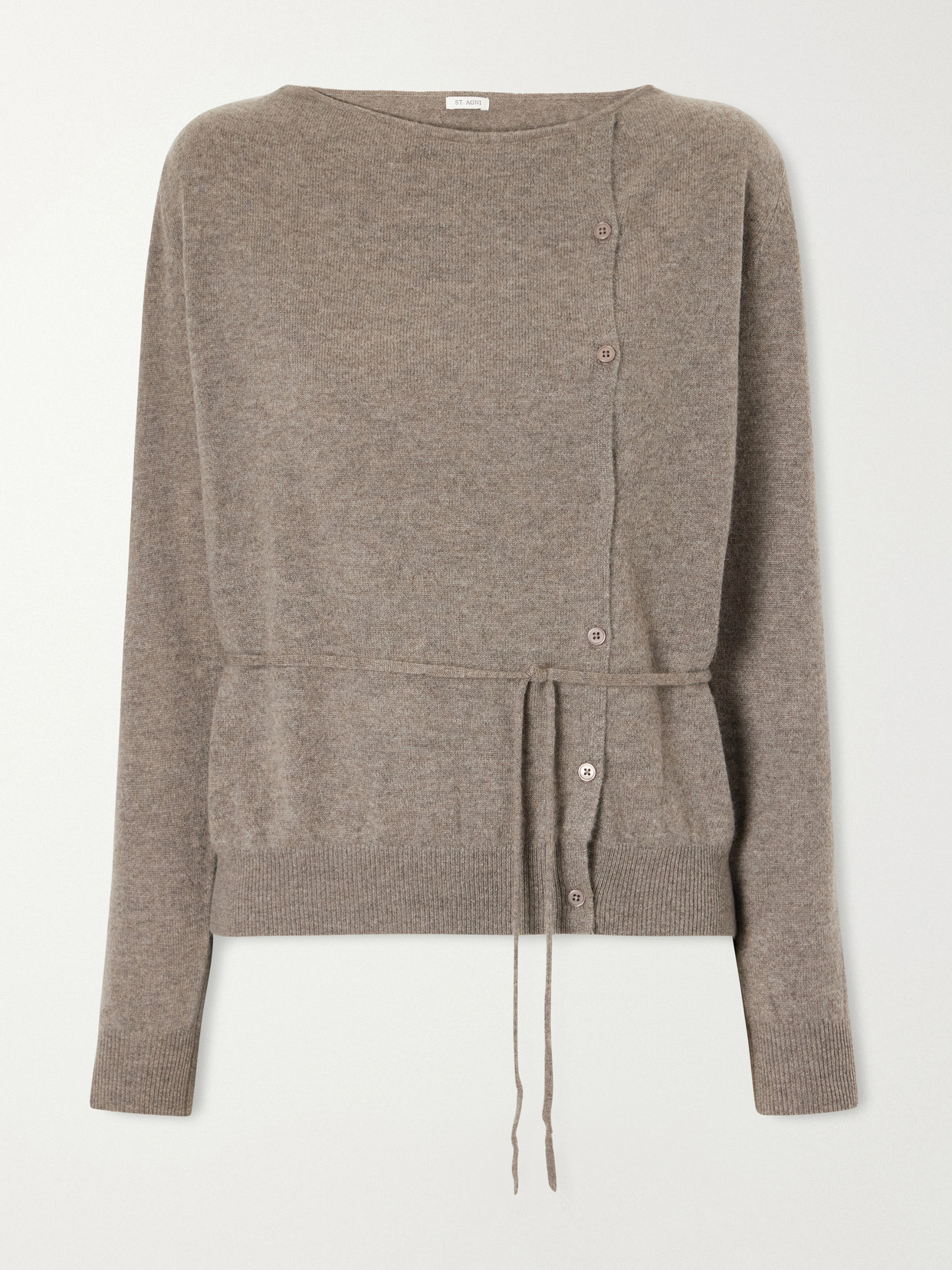 St Agni Asymmetrical Belted Cashmere Cardigan In Metallic
