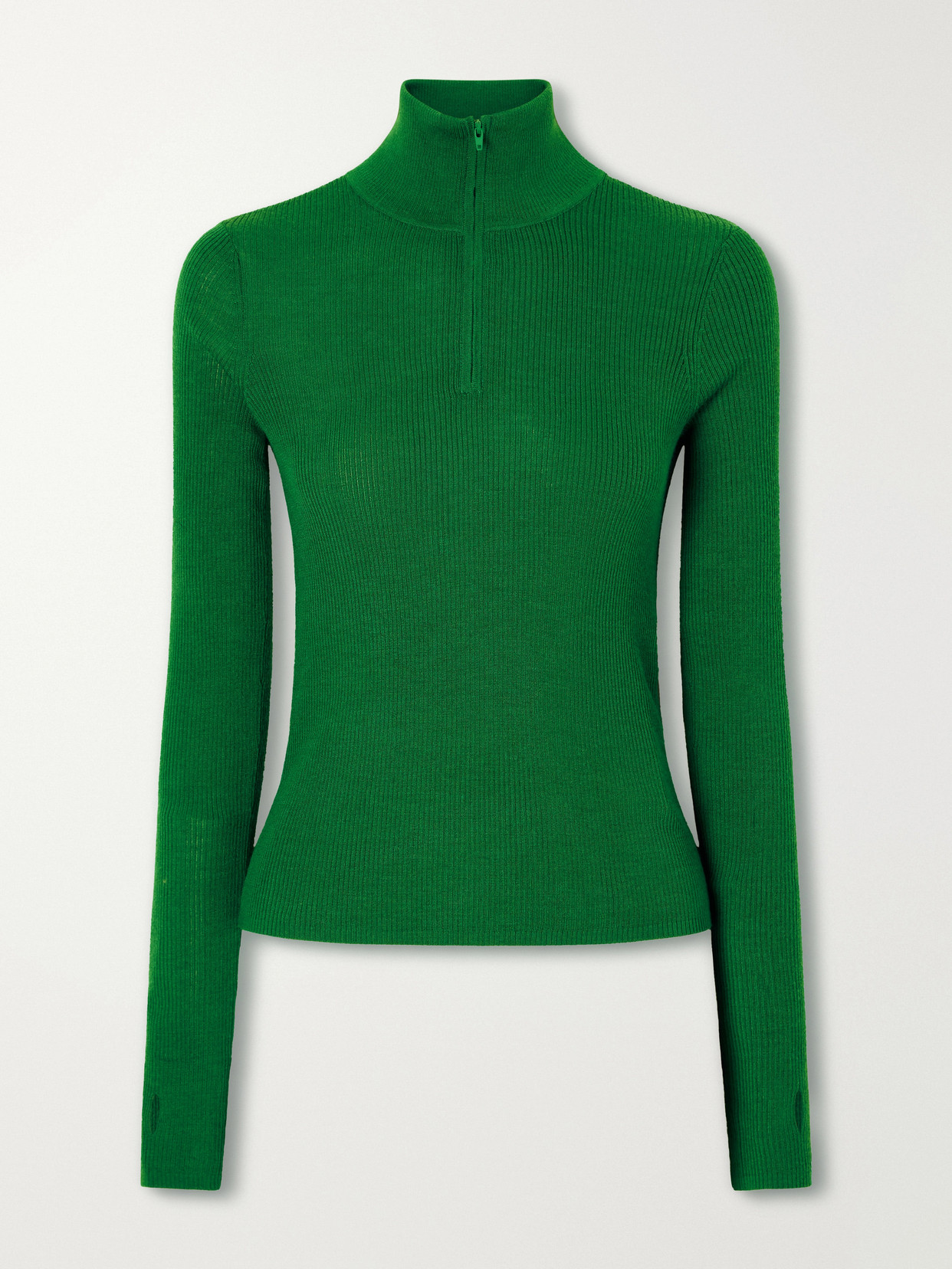The Frankie Shop Sade Ribbed Wool And Silk-blend Half-zip Sweater In Green
