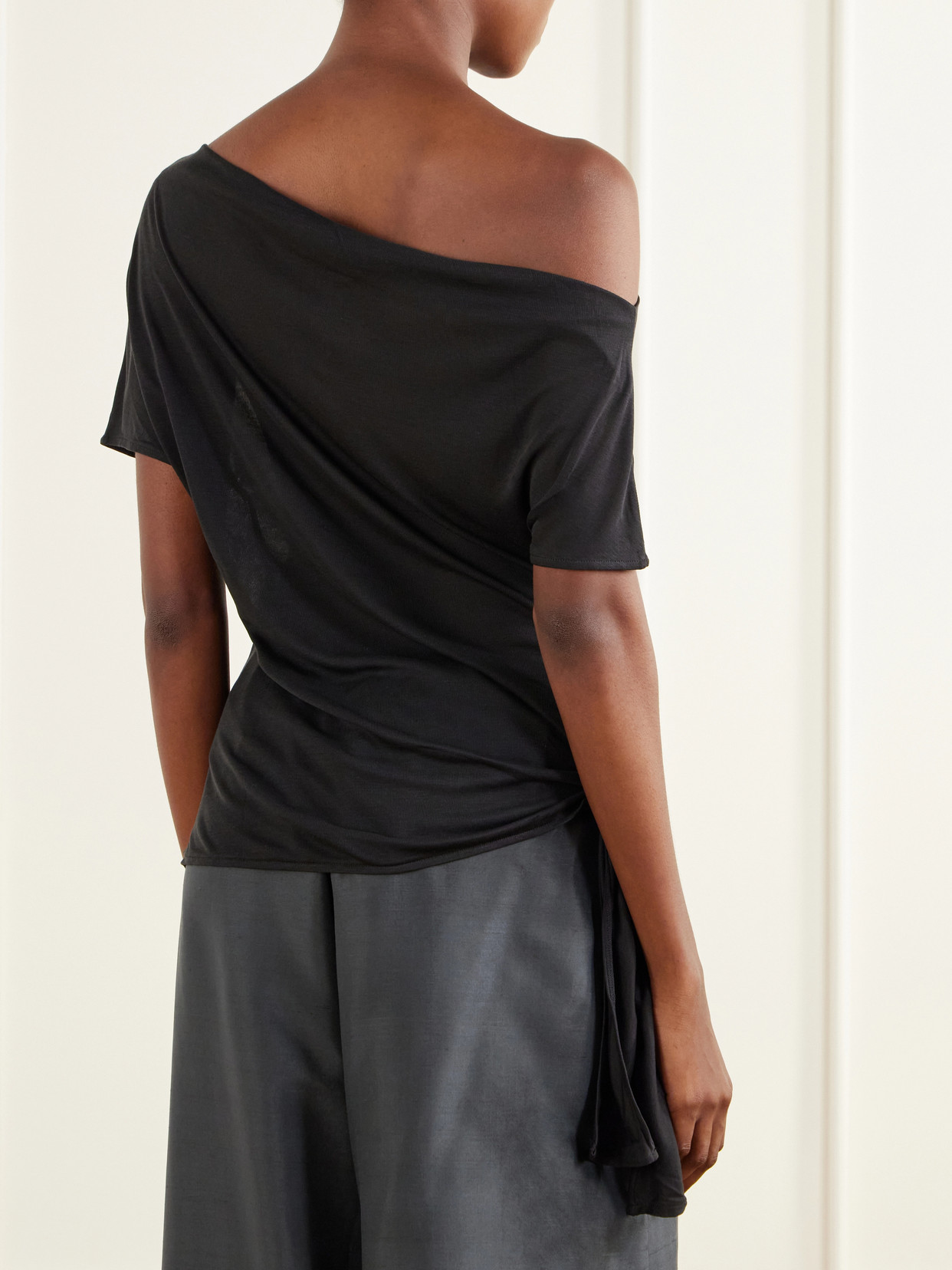 Off-The-Shoulder Asymmetric Tie-Detailed Tencel™ Lyocell Blouse