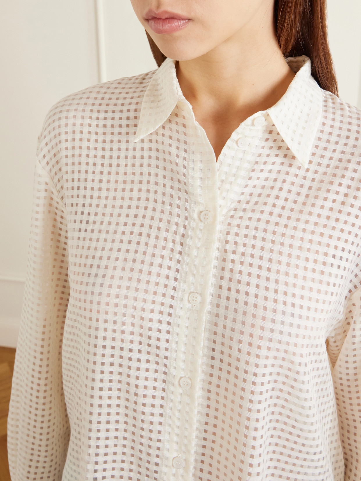 Another Tomorrow Gingham Blouse In White