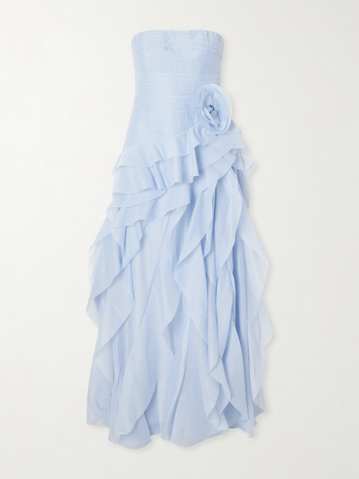 Aje Canyon Strapless Appliquéd Ruffled Pleated Chiffon Gown In Blue