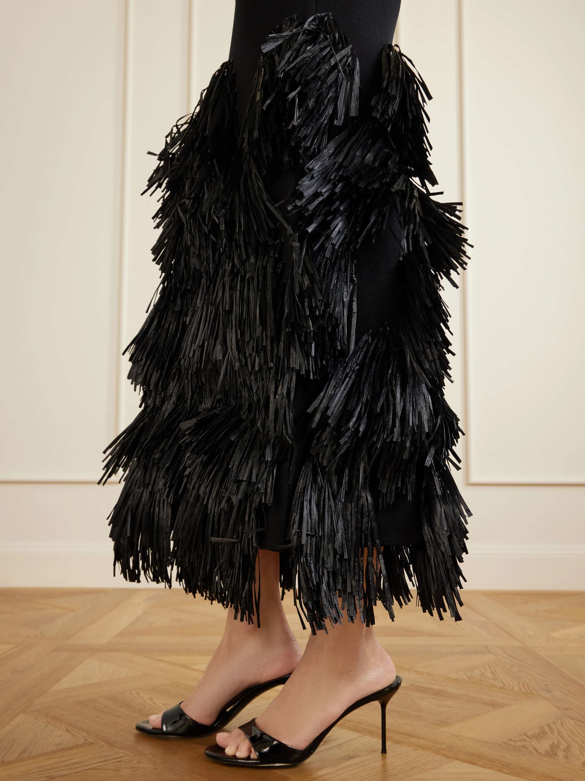 aje black feather dress Rushes Raffia Knit Mini Dress-BLACK / XXS