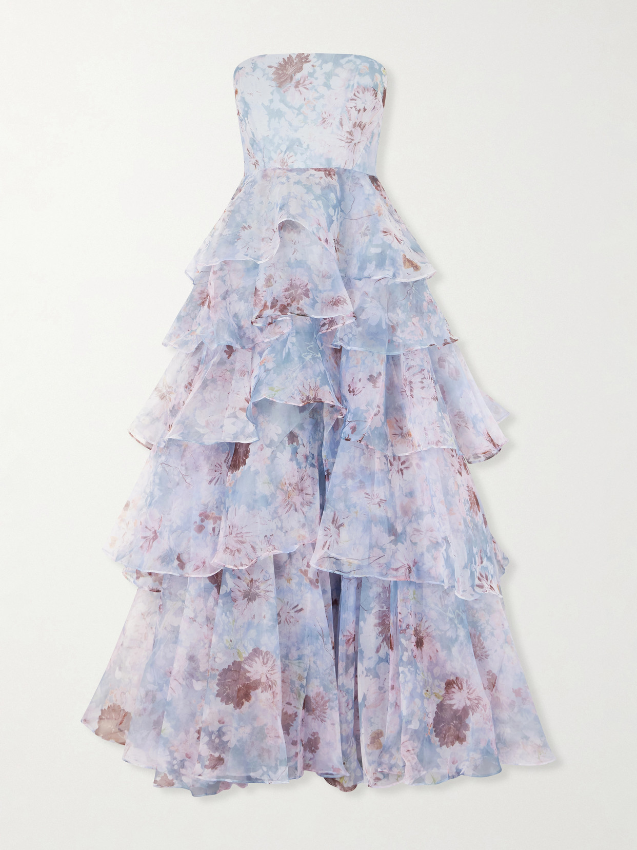 Aje Gabrielle Strapless Tiered Ruffled Floral-print Linen-blend Organza Gown In Multi