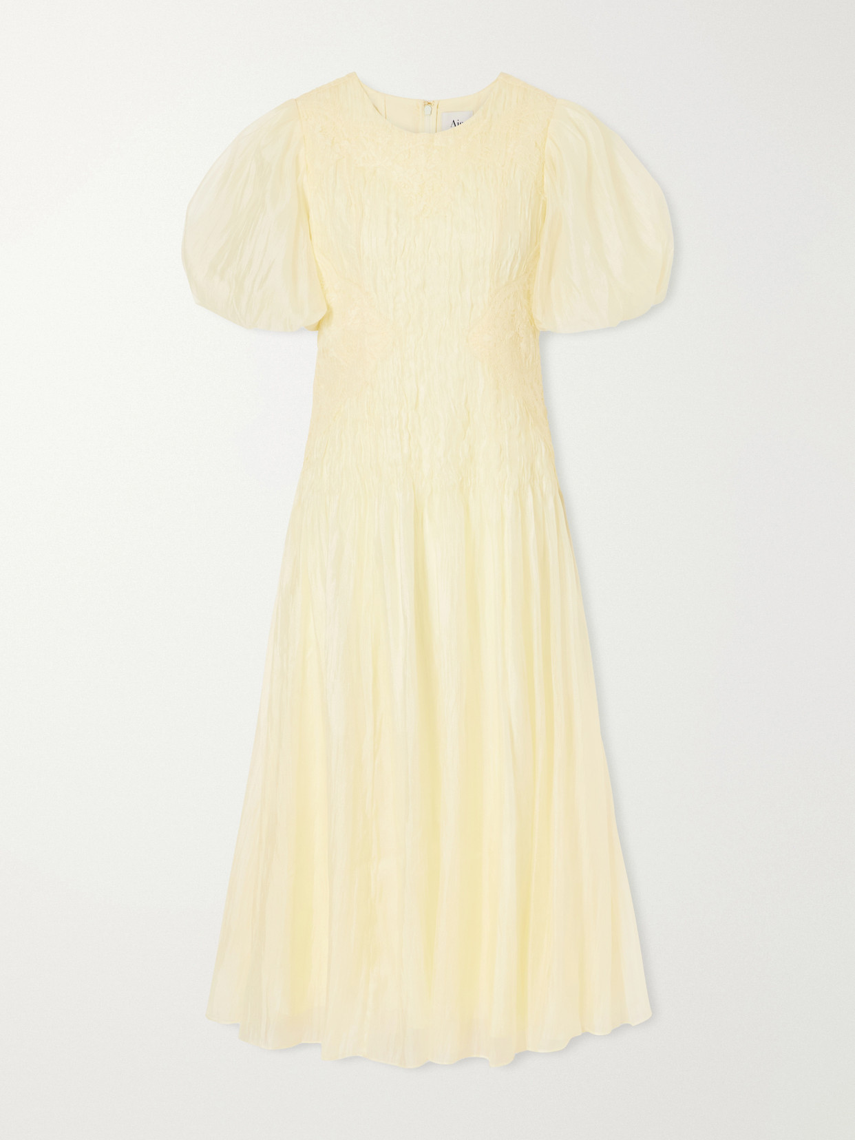 Aje Ophelia Lace-trimmed Crinkled-satin Midi Dress In Yellow