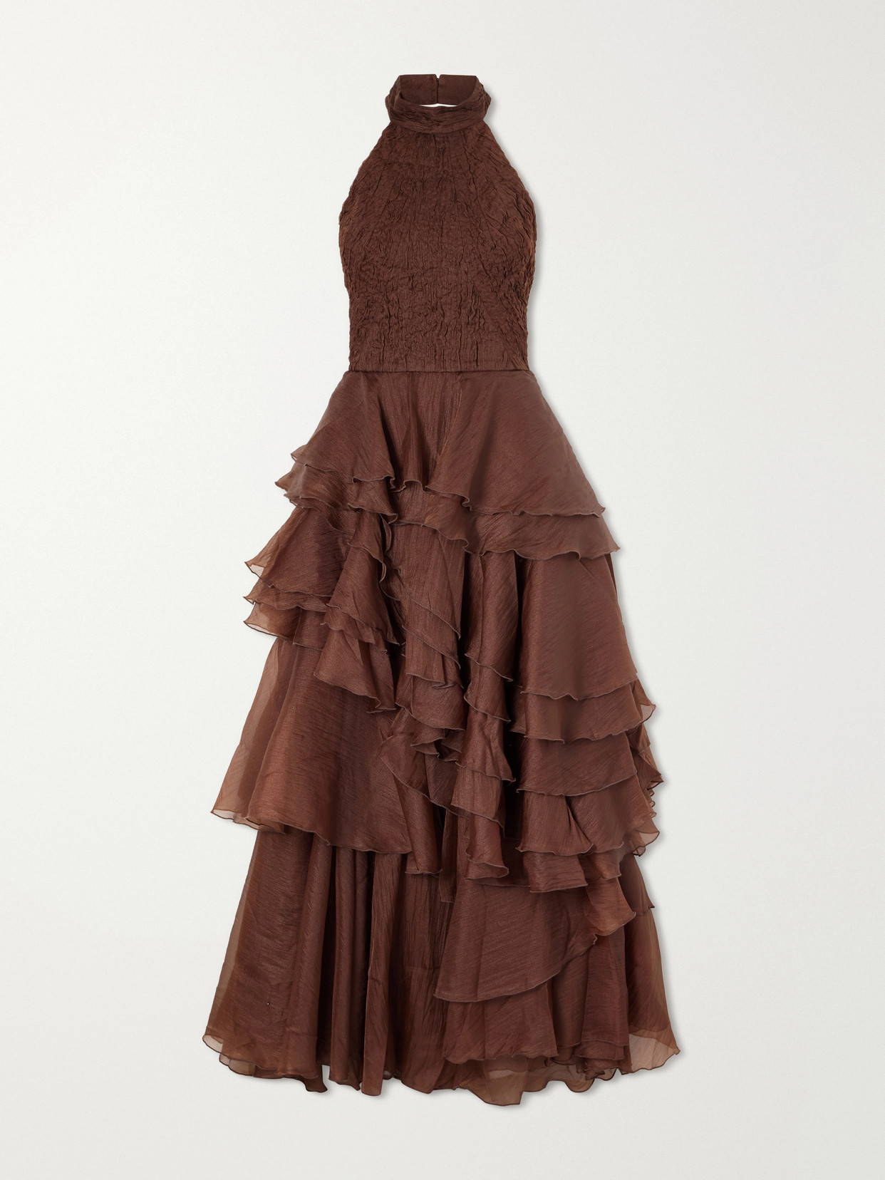 Aje Fayette Tiered Ruffled Crepon Halterneck Gown In Brown