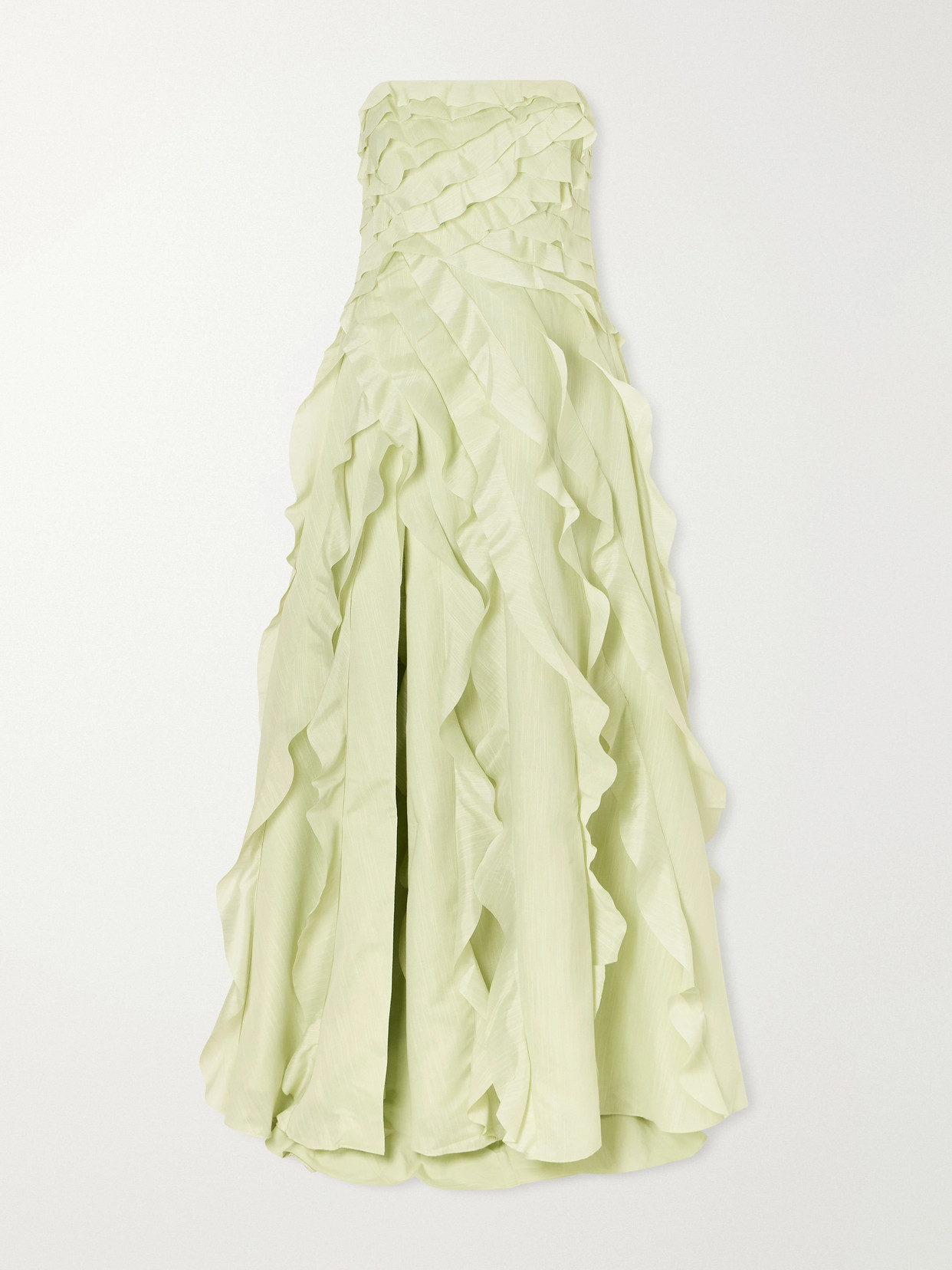 Aje Allairie Strapless Ruffled Shirred Faille Gown In Green