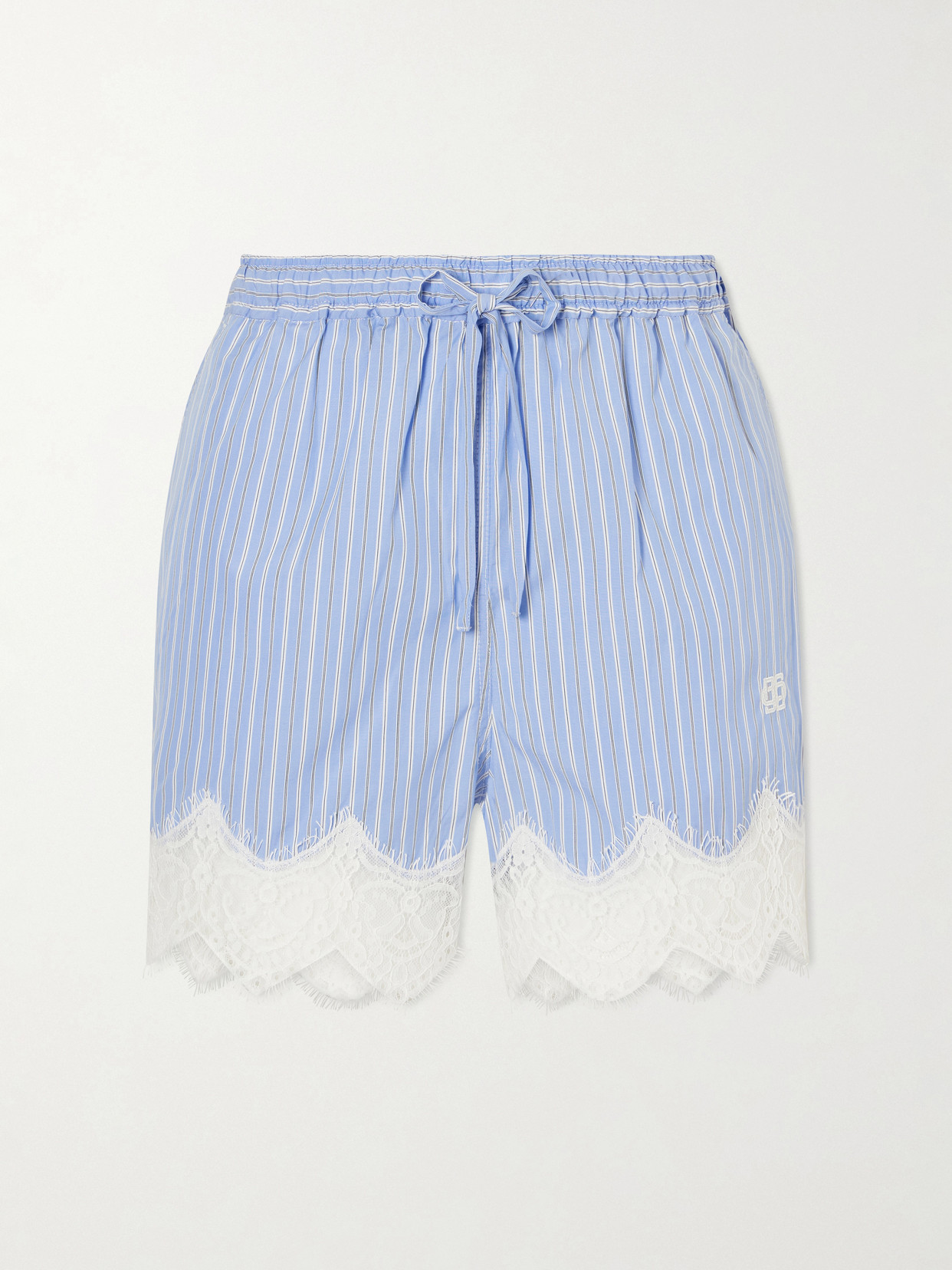 Simkhai Emmie Lace-trimmed Striped Cotton Shorts In Blue