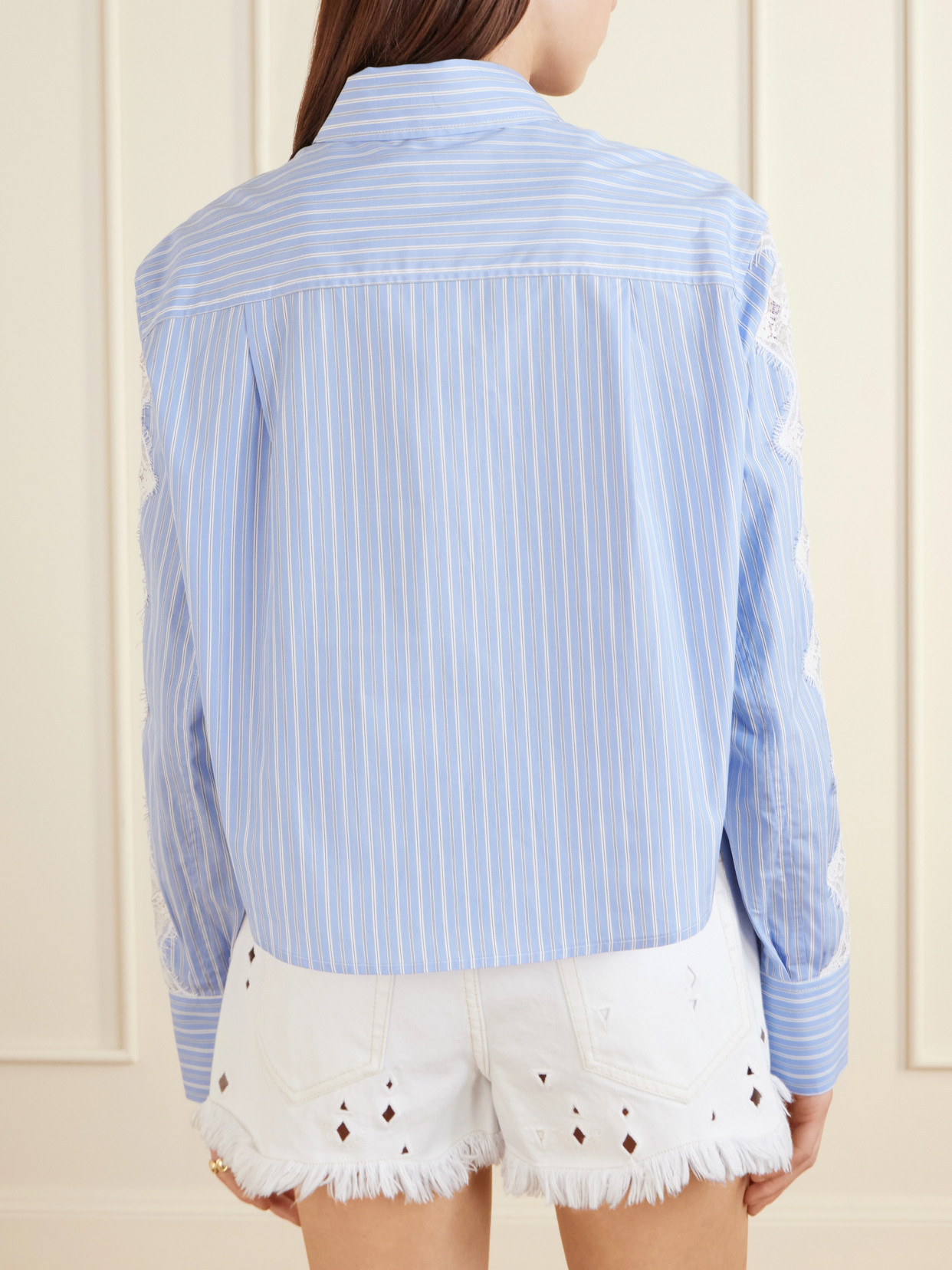 Renata Cropped Lace-Trimmed Striped Cotton-Poplin Shirt