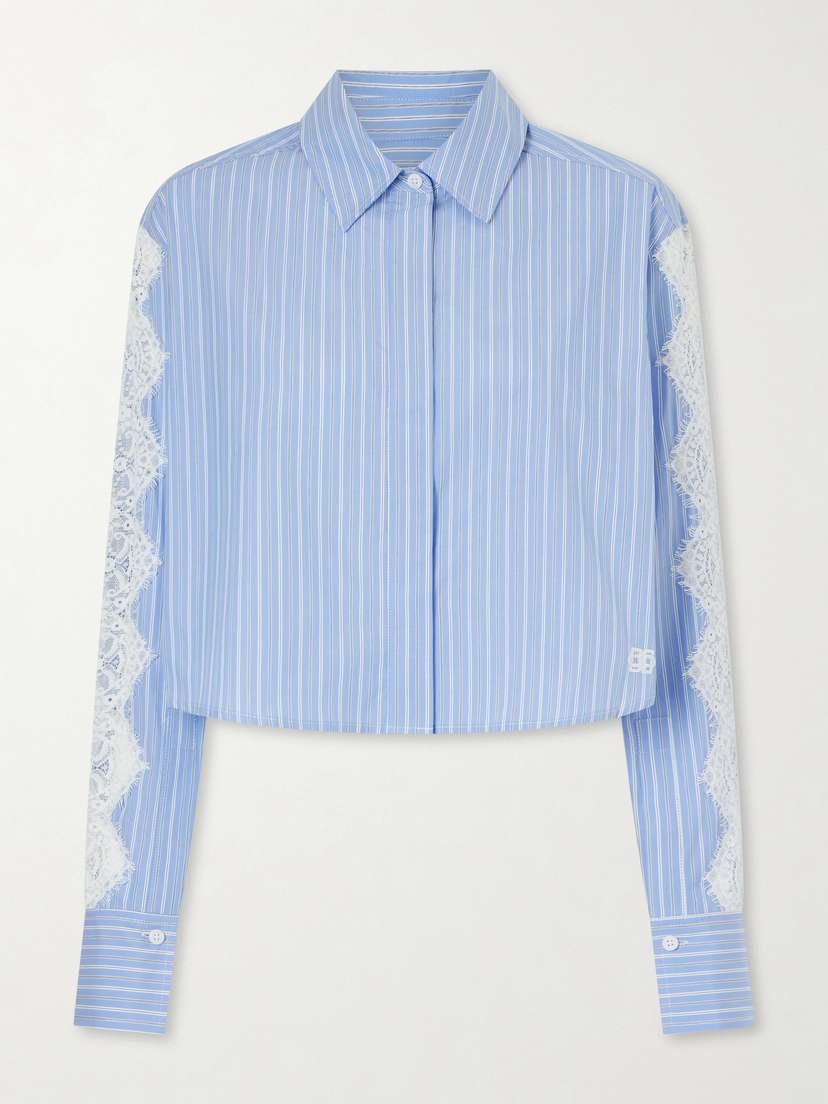 Simkhai Renata Cropped Lace-trimmed Striped Cotton-poplin Shirt