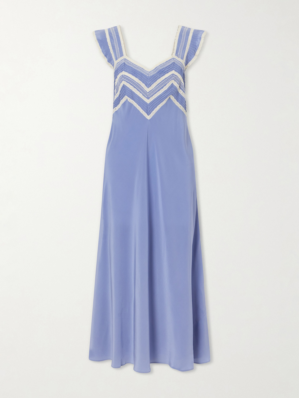 Rixo London Bailee Crochet-trimmed Silk-crepe De Chine Midi Dress In Blue