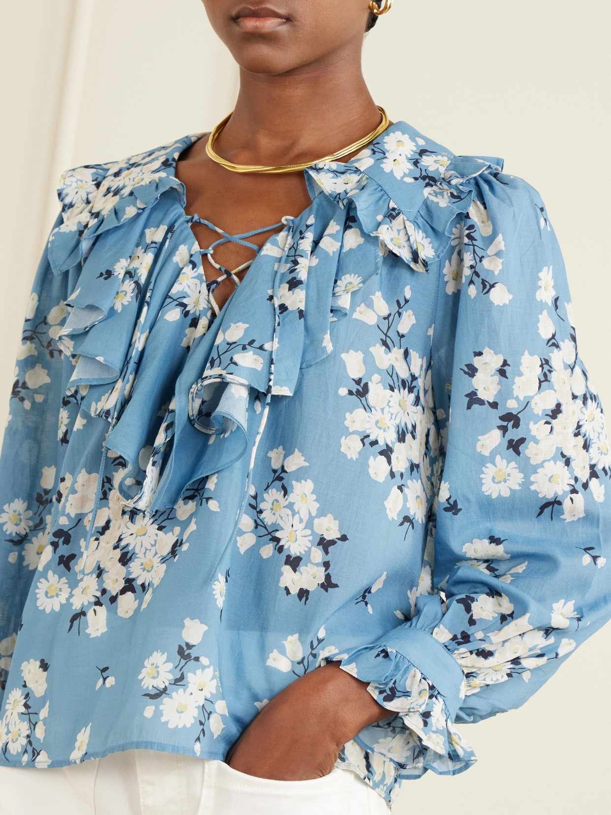 Milia Ruffled Floral-Print Cotton-Blend Voile Blouse