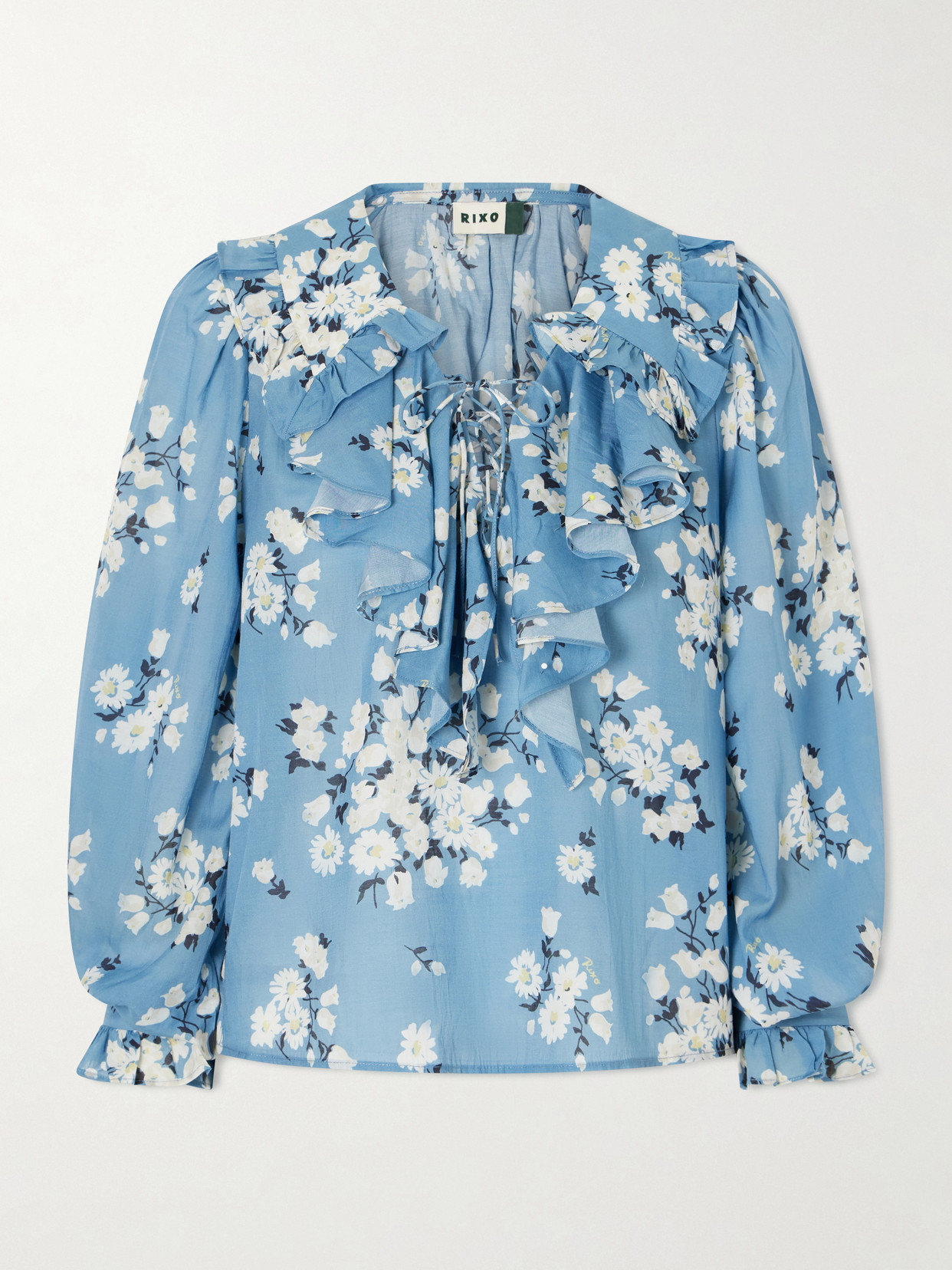 Rixo London Milia Ruffled Floral-print Cotton-blend Voile Blouse In Blue