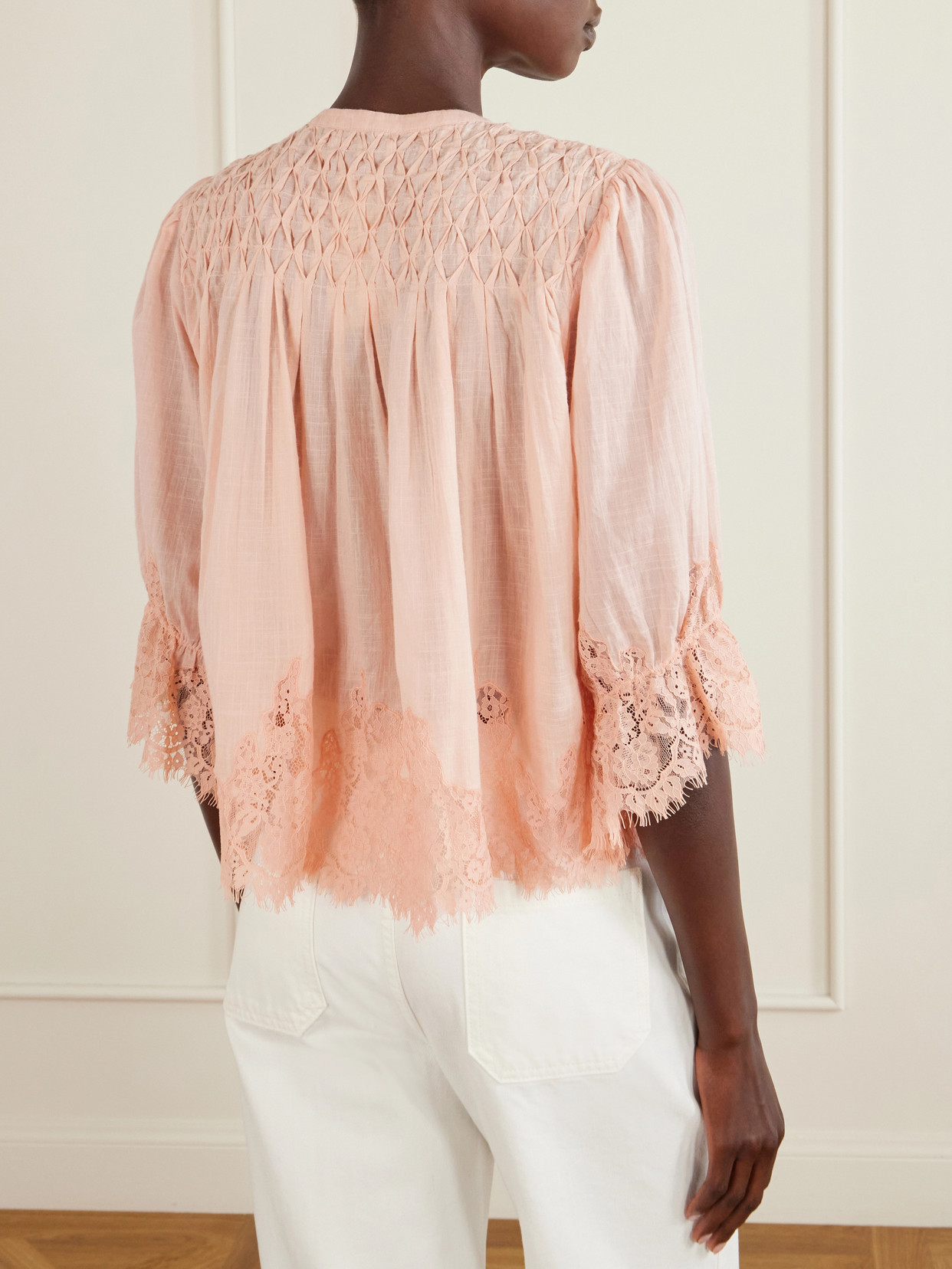 Erika Shirred Lace-Trimmed Cotton-Voile Blouse