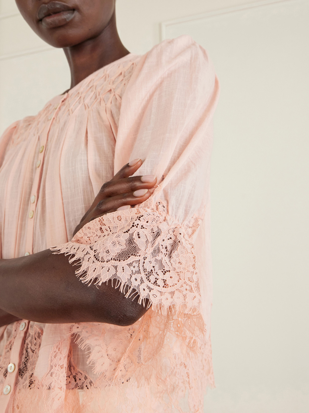 Erika Shirred Lace-Trimmed Cotton-Voile Blouse