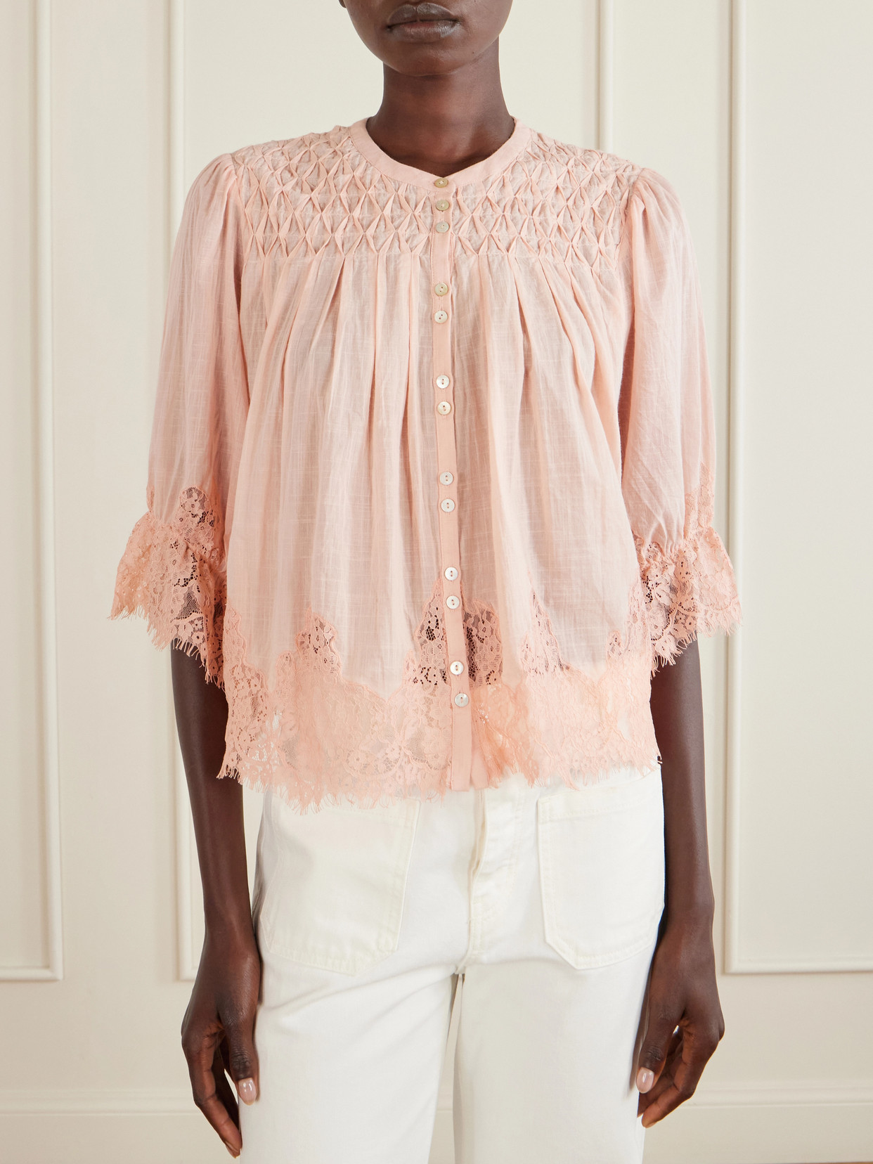 Erika Shirred Lace-Trimmed Cotton-Voile Blouse