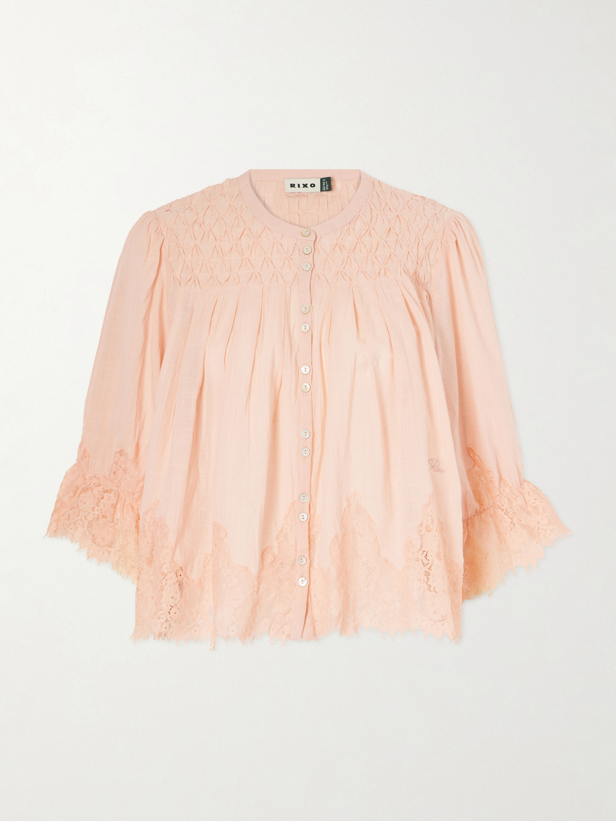 Rixo London Erika Shirred Lace-trimmed Cotton-voile Blouse In Orange