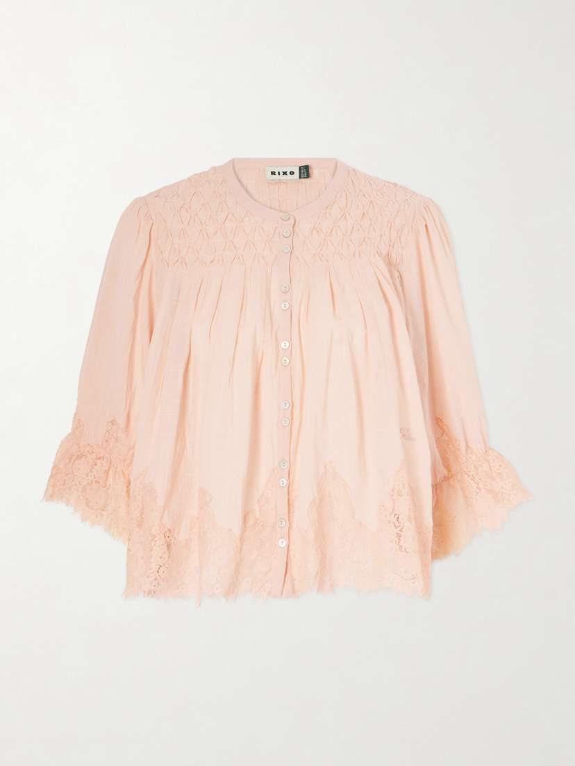 Rixo Erika Shirred Lace-trimmed Cotton-voile Blouse