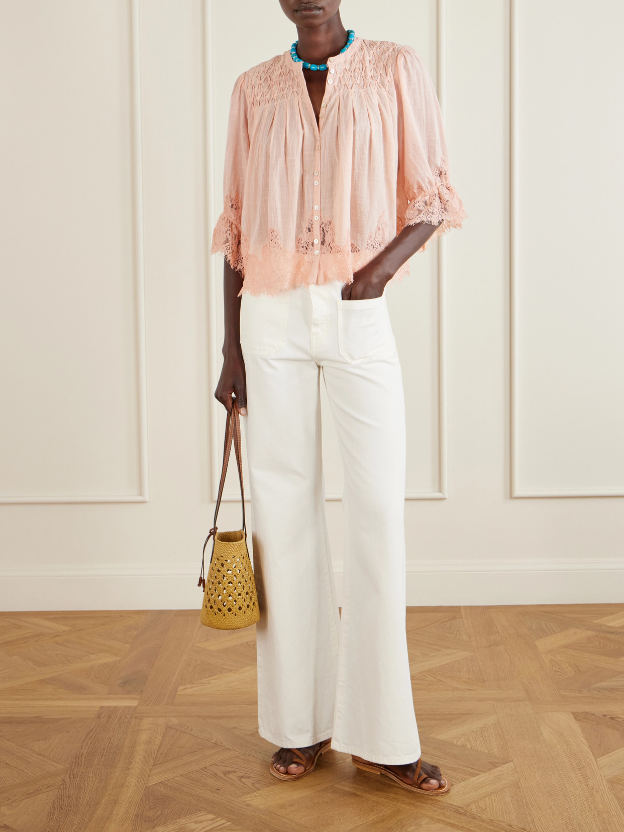 Erika Shirred Lace-Trimmed Cotton-Voile Blouse