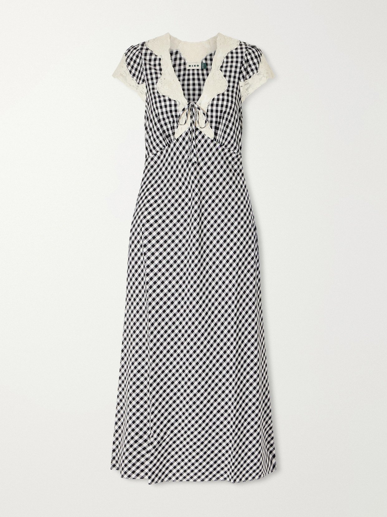 Rixo London Amari Bow-detailed Lace-trimmed Checked Woven Midi Dress In Multi