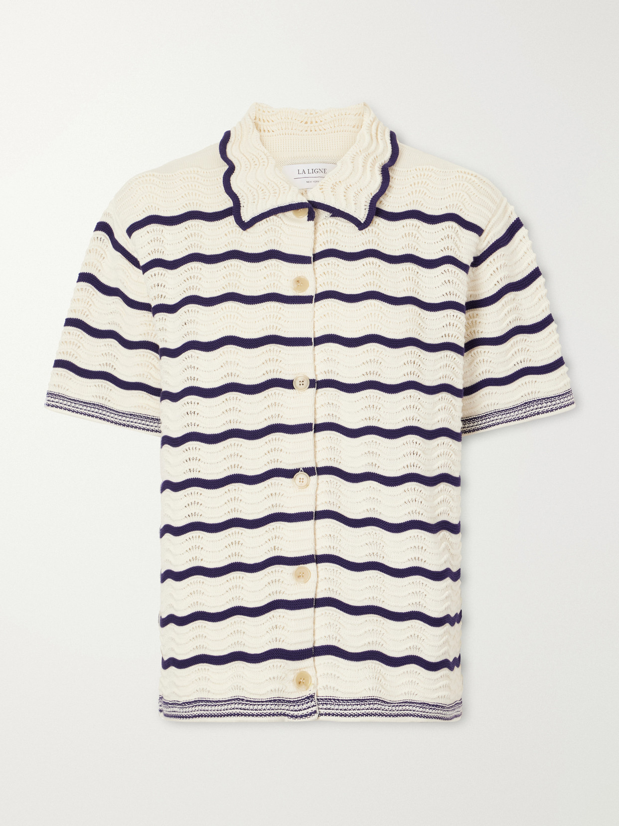 La Ligne Striped Pointelle-knit Cotton T-shirt In White