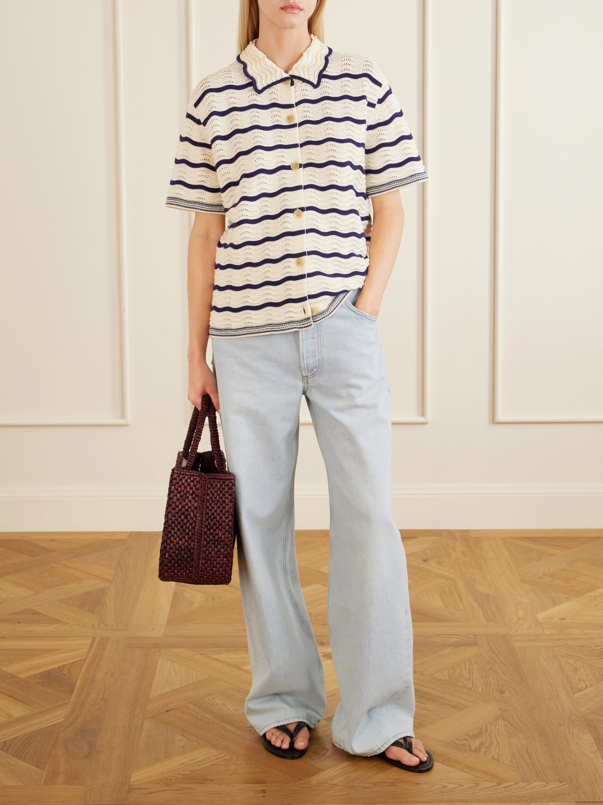 Striped Pointelle-Knit Cotton T-Shirt