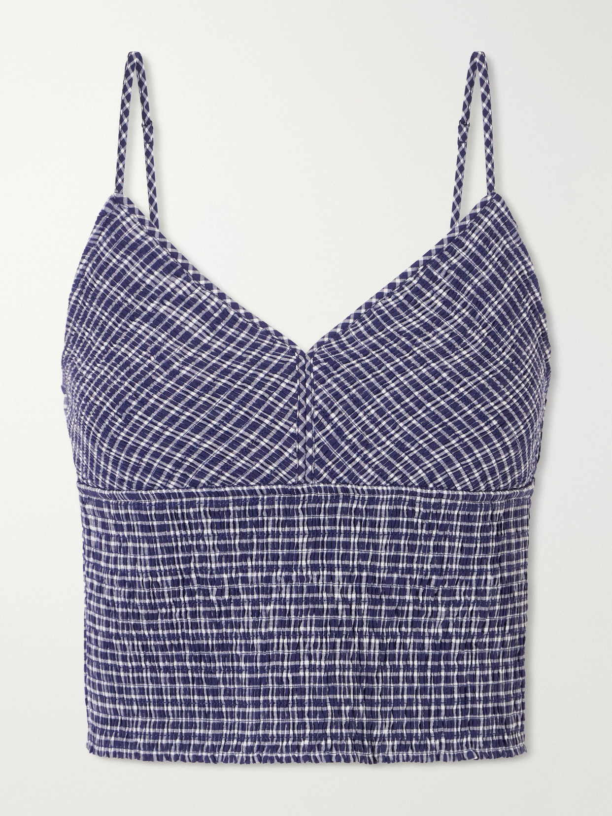 La Ligne Anora Smocked Striped Stretch-knit Cotton-blend Top In Blue