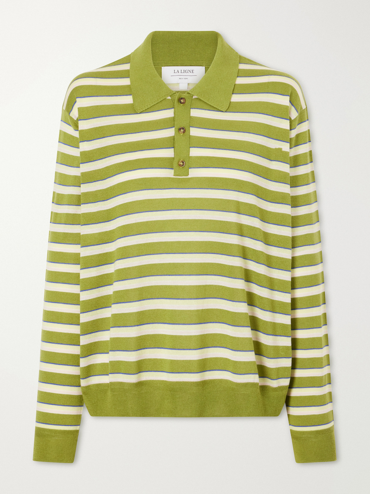 La Ligne Ben Striped Silk, Wool And Cashmere-blend Polo Sweater In Green