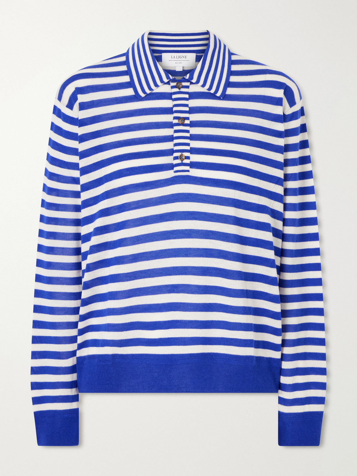 La Ligne Ben Striped Silk, Wool And Cashmere-blend Polo Sweater In Blue