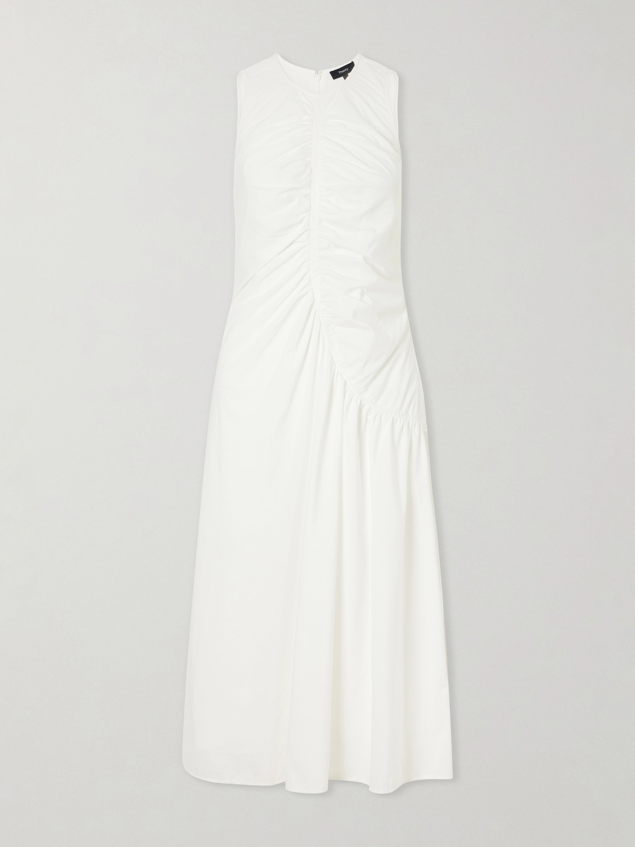 Theory Ruched Cotton-blend Sateen Midi Dress In White