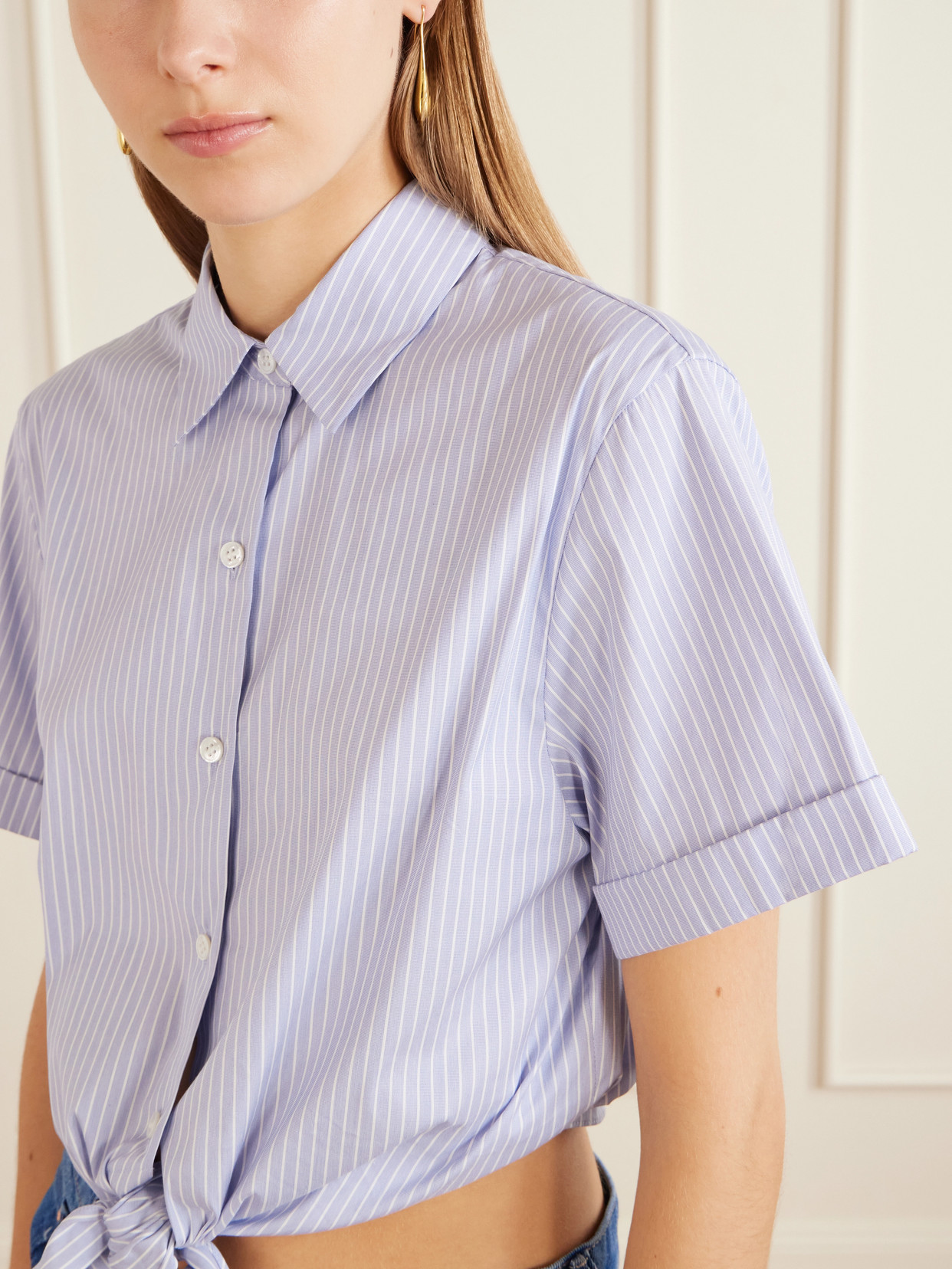 Knotted Cropped Striped Cotton-Blend Poplin Shirt