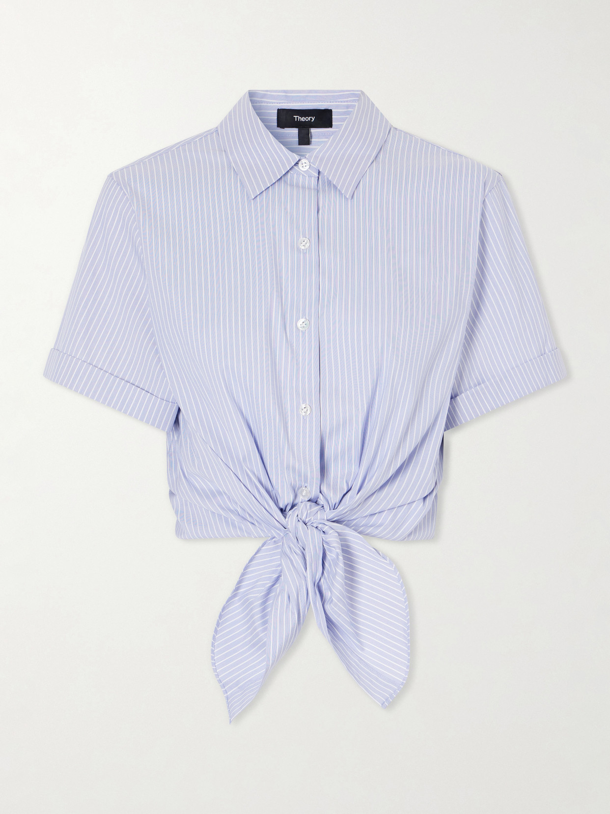 Theory Knotted Cropped Striped Cotton-blend Poplin Shirt In Blue
